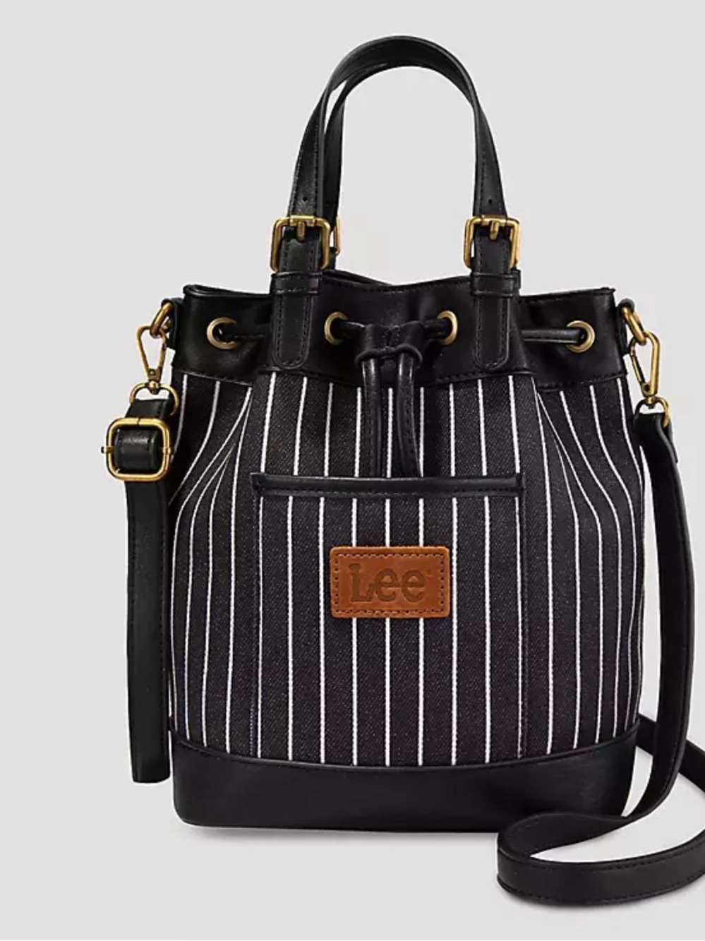 Lee Black and White Pinstripe Drawstring Bucket Crossbody